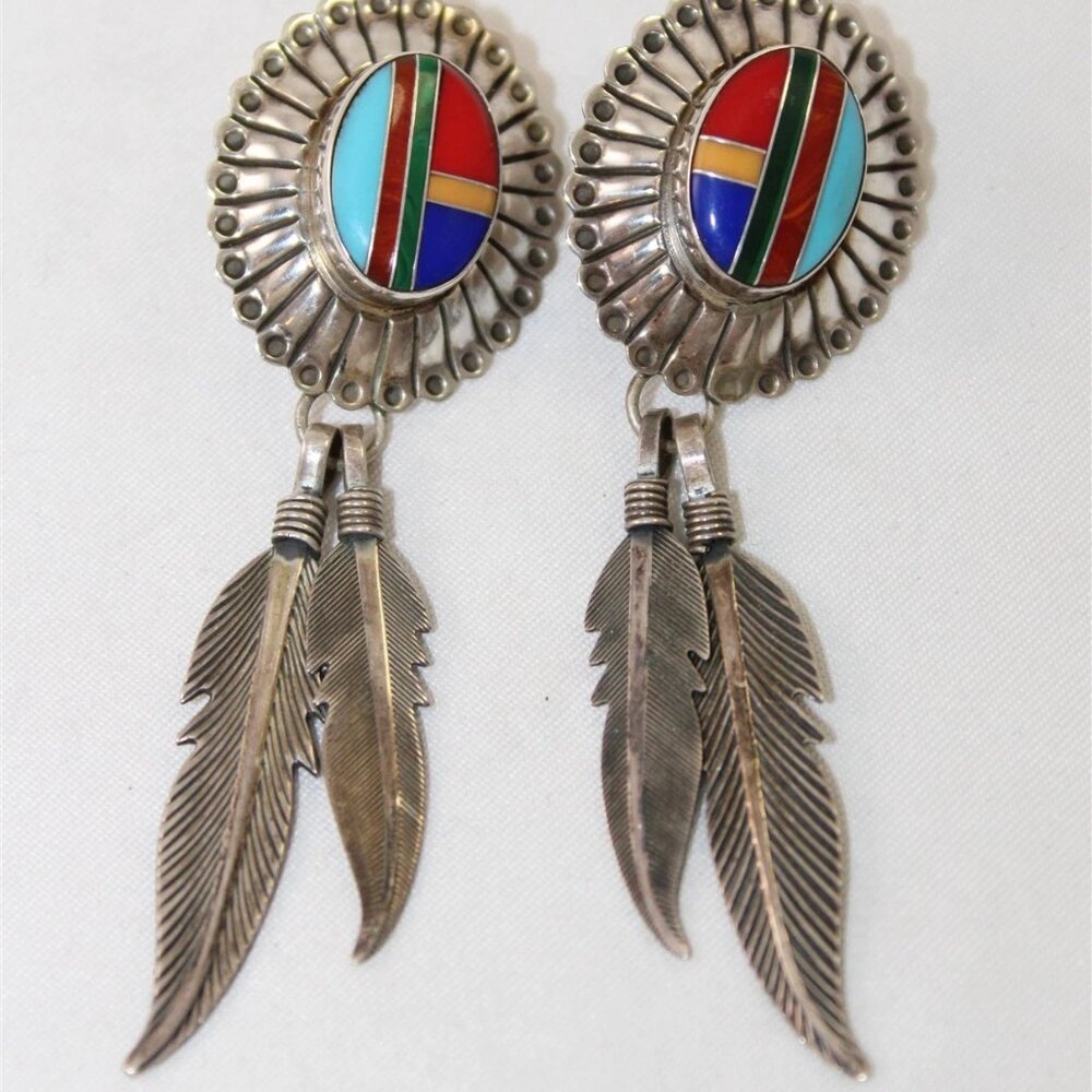 Southwestern 925 Sterling Silver Multi Gemstone Mosaic Feather Dangle Earrings